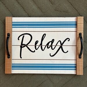 Relax Serving Kitchen Tray Charcuterie Board Coastal Wood Metal Stripes Handles